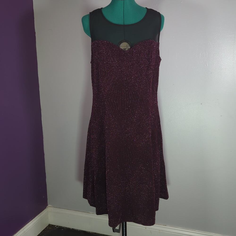 Trixxi 1X Burgundy Glitter Cocktail Dress Sheer Mesh Keyhole A-Line